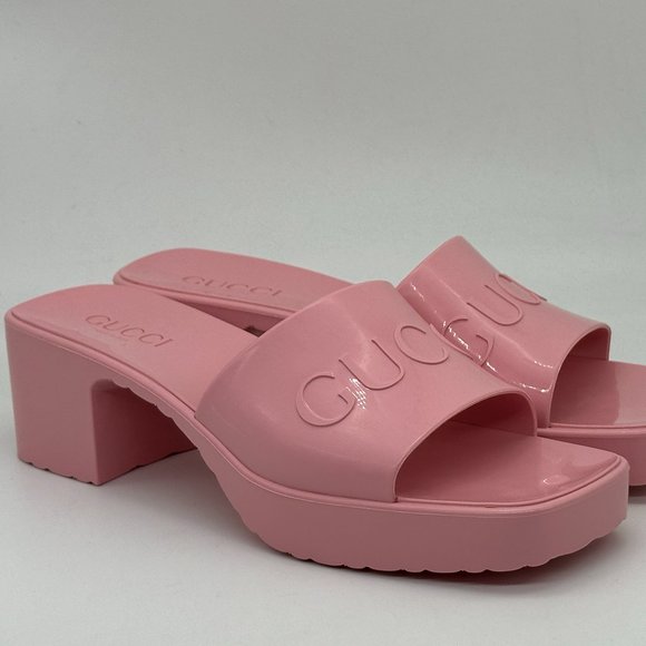 Gucci Double GG Logo Rubber Platform Block Heel Mules Slides Sandals Shoes - Picture 7 of 16